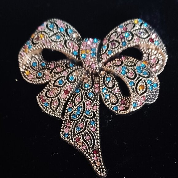 Blue & Pink Bow Brooch - Picture 1 of 5